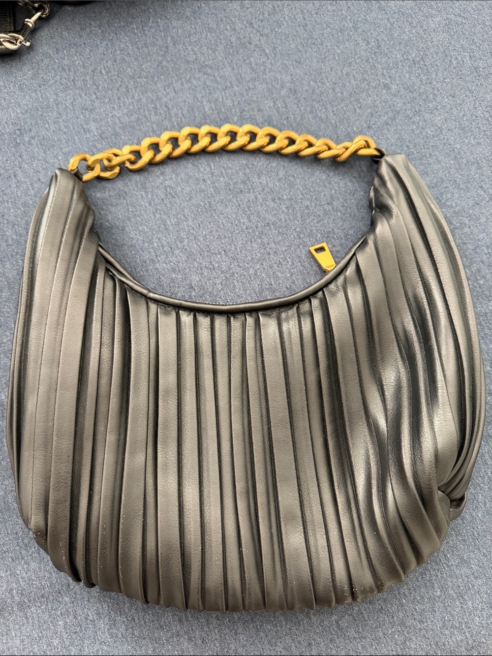 Black Pleated Hobo Bag with Gold Chain Handle